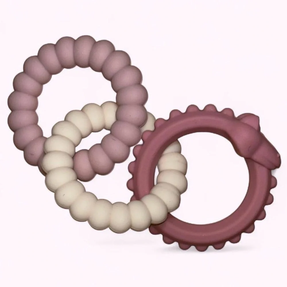 Silicone Alligator Ring Teether in Pink and Cream
